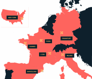 Carte montrant New York et villes européennes marquées.